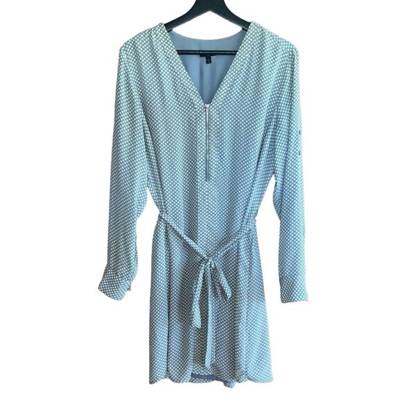 Express Shift Dress Size L Grey White Polka Dot Long Sleeves Belt Pockets - Picture 2 of 14